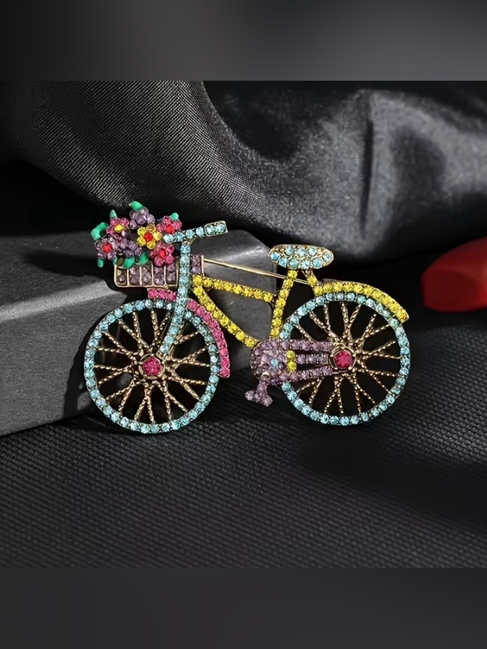 Vintage Blue Rhinestone Bicycle Pin GoldTone Sparkly Bike pin Floral Basket